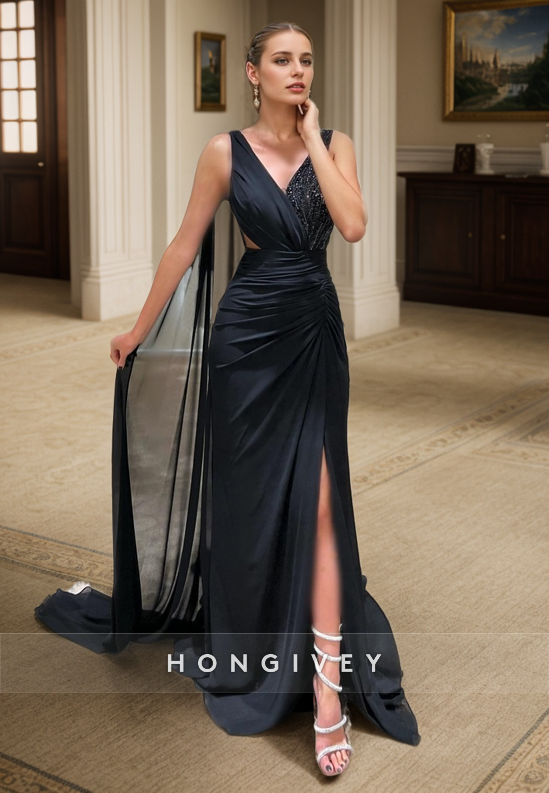 L2962 - V-Neck Spaghetti Straps With Bolero Beaded Party Prom Evening Dress - Fashionpara