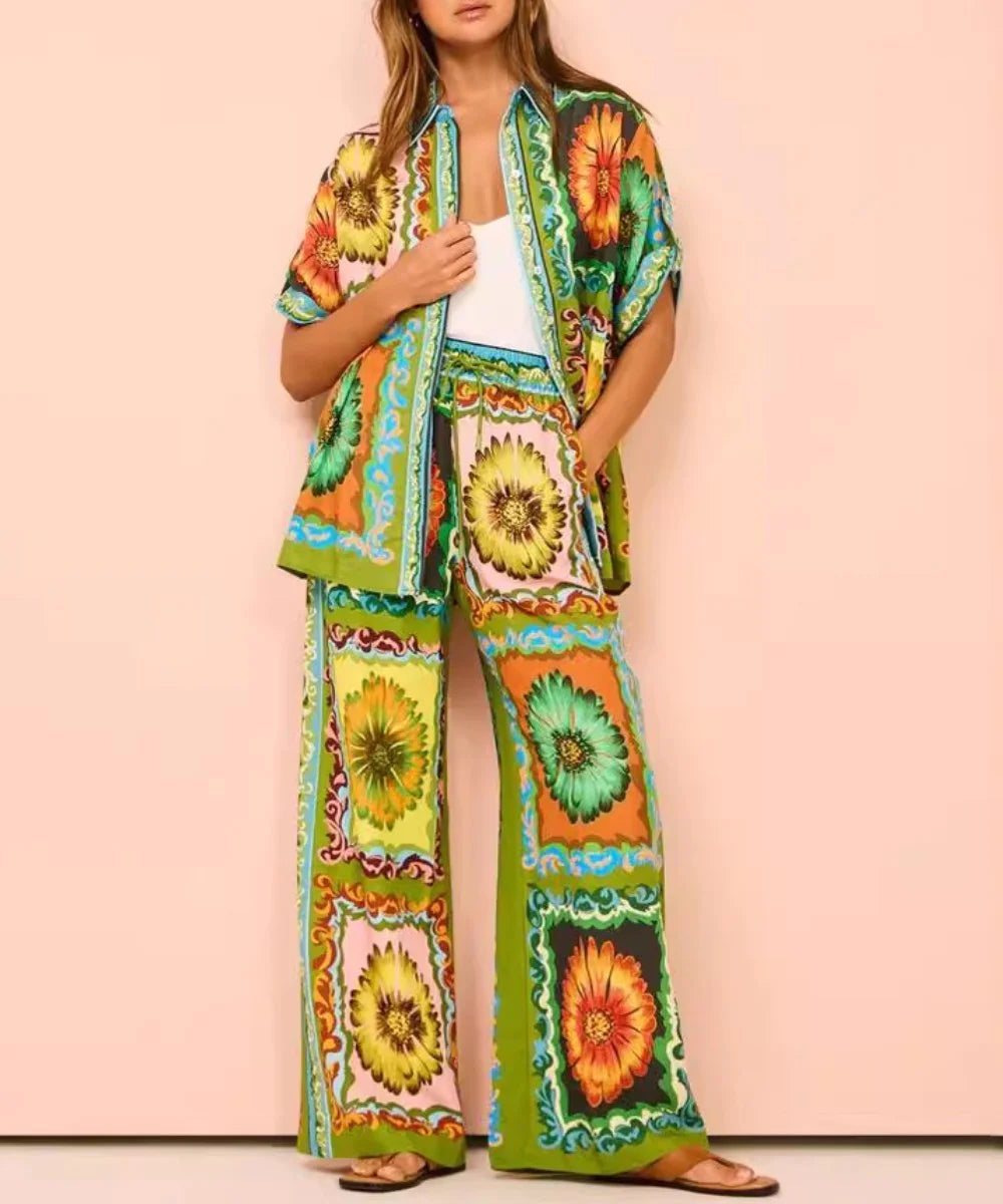Contrast Flowers Casual Trousers Two -piece Suit - Fashionpara