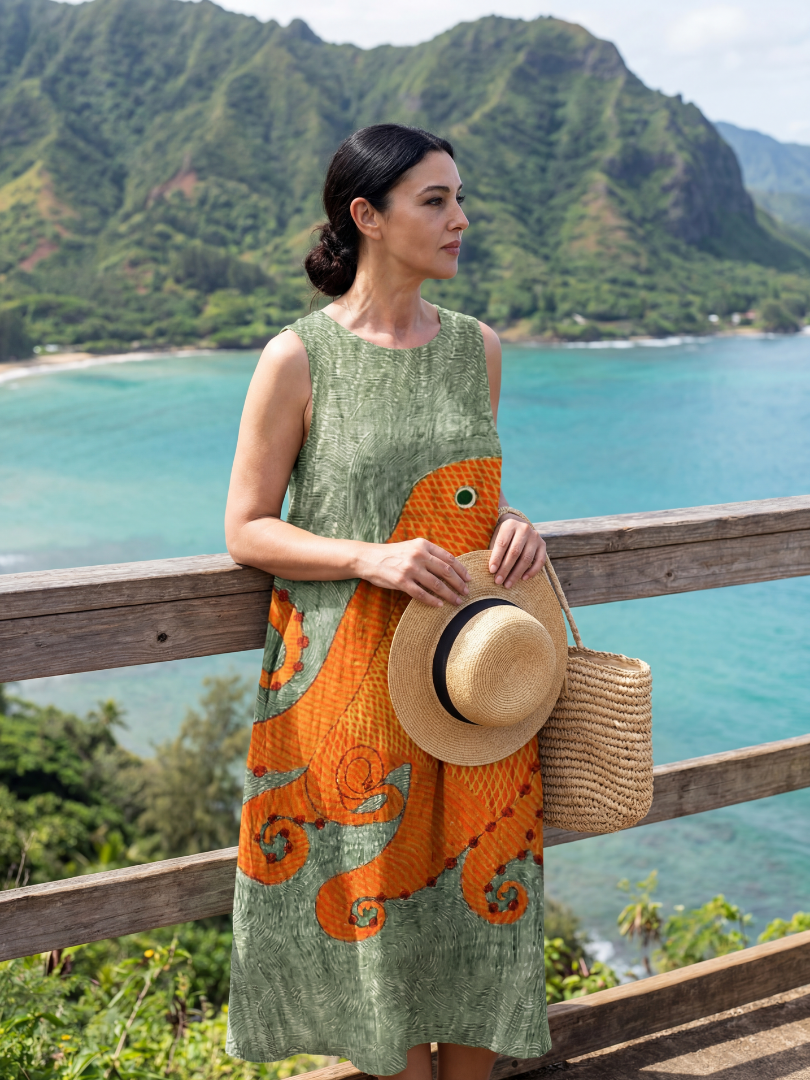 Octopus Print Sleeveless Midi Dress
