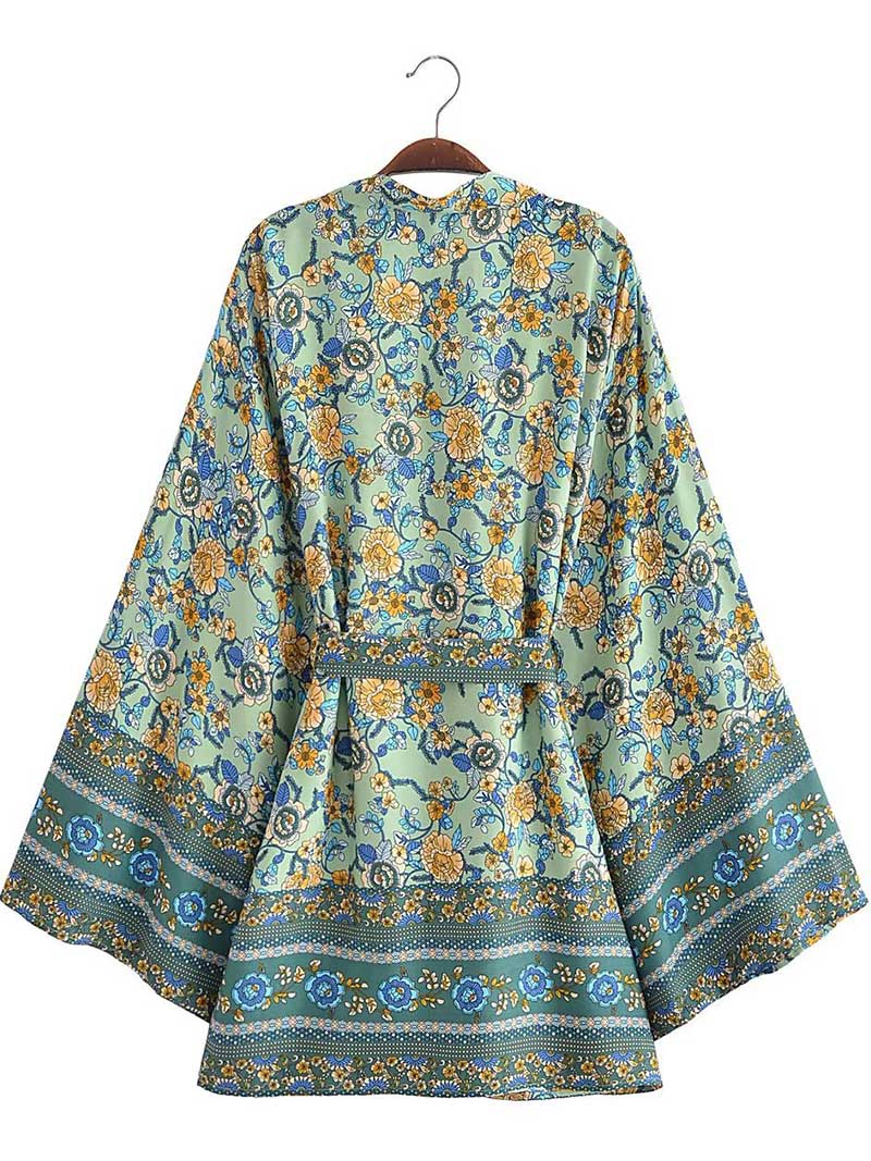 Short Floral Print Purple, Green, & Beige Cotton Short Length Gown Kimono Duster Robe 5