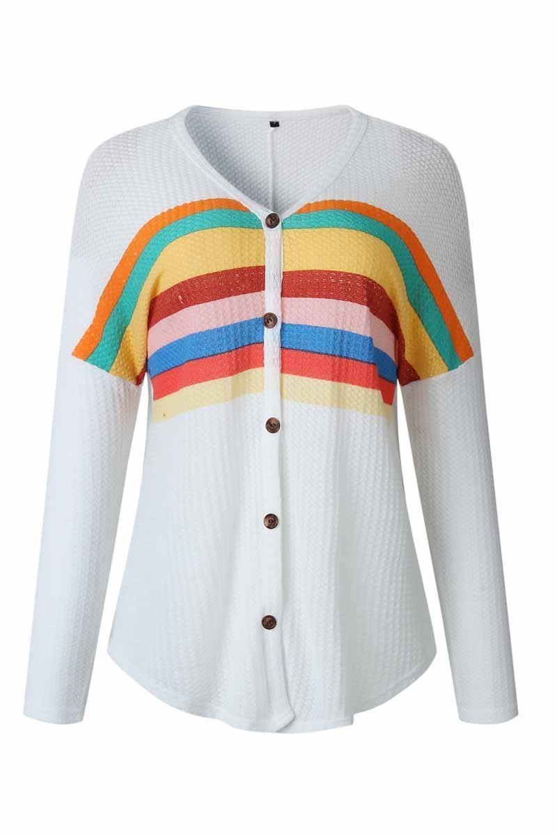Florcoo Striped Rainbow Casual Button Tops - Fashionpara