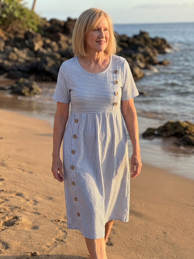 Striped Button Front Short Sleeve Midi Dress