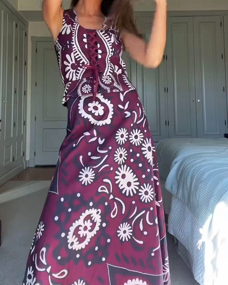 Stylish Print Lace-Up Top & Skirt Two-Piece Set - Fashionpara