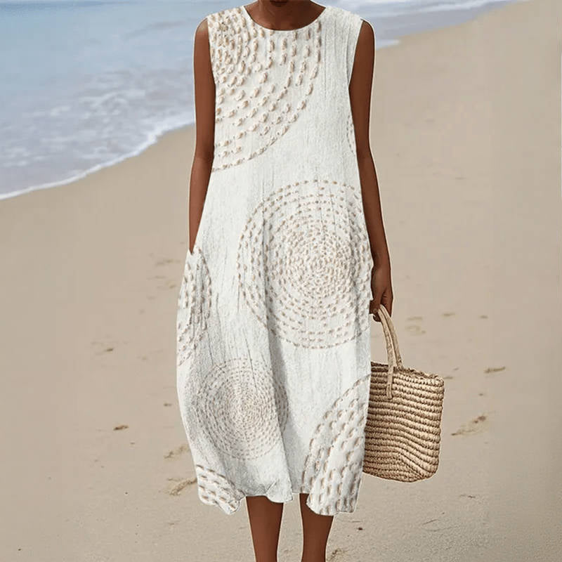 Sleeveless Textured Medallion Print Midi Dress