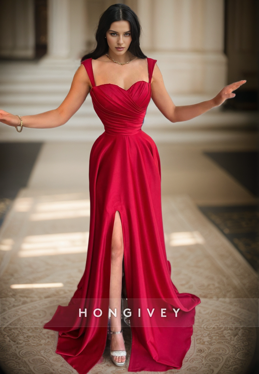 L2971 - Casual A-Line Sweetheart Spaghetti Straps With Side Slit Prom Evening Dress - Fashionpara