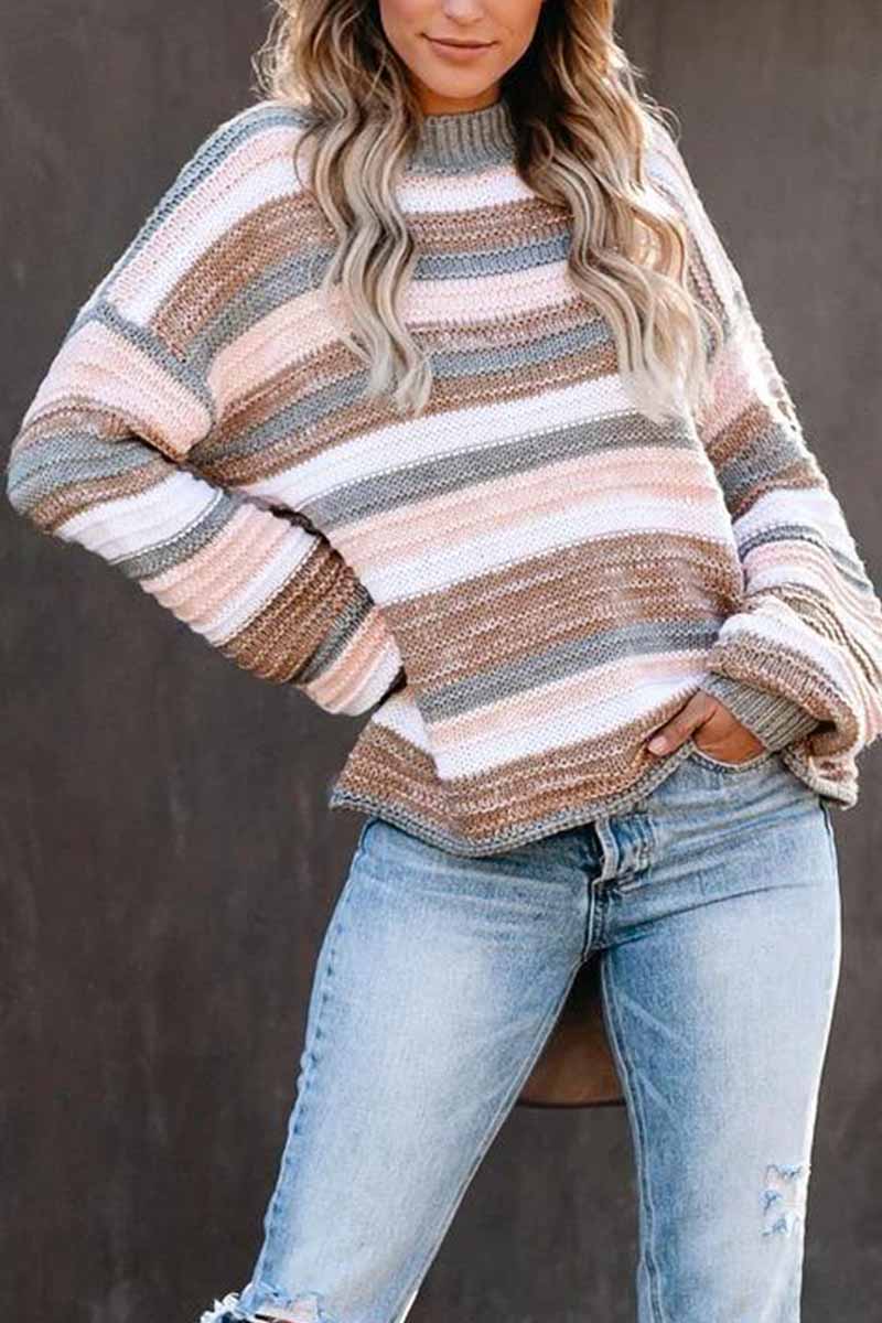 Florcoo Long-Sleeved O-neck Striped Sweater for Elegance