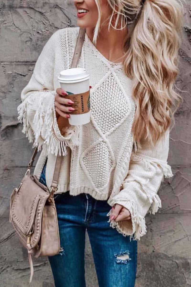 Florcoo Elegant Solid Color Knitted Tassel Sweater Top