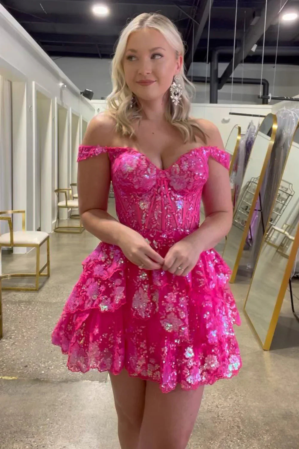 A Line Fchsia Homecoming Dress Seeing Sparkles Off the Shoulder Graduation Dress with Ruffles - Fashionpara