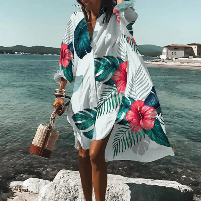 Tropical Floral Print Button Down Collar Mini Shirt Dress