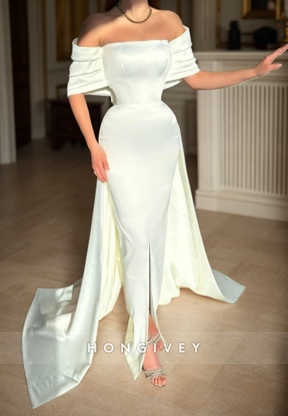 L2981 - Satin Fitted Off-Shoulder With Train Party Prom Evening Dress - Fashionpara