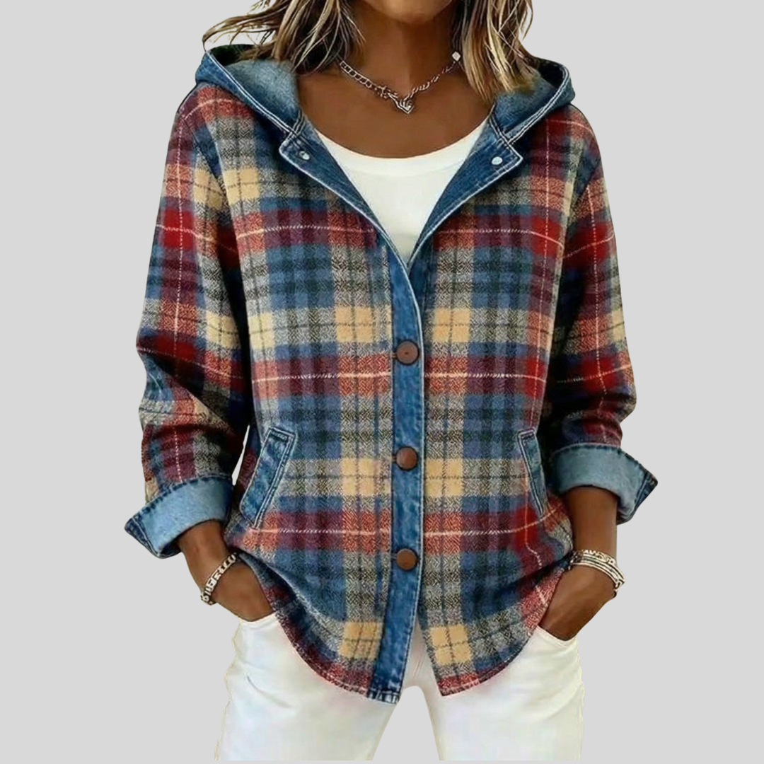 Plaid Hooded Denim Contrast Button Front Shacket