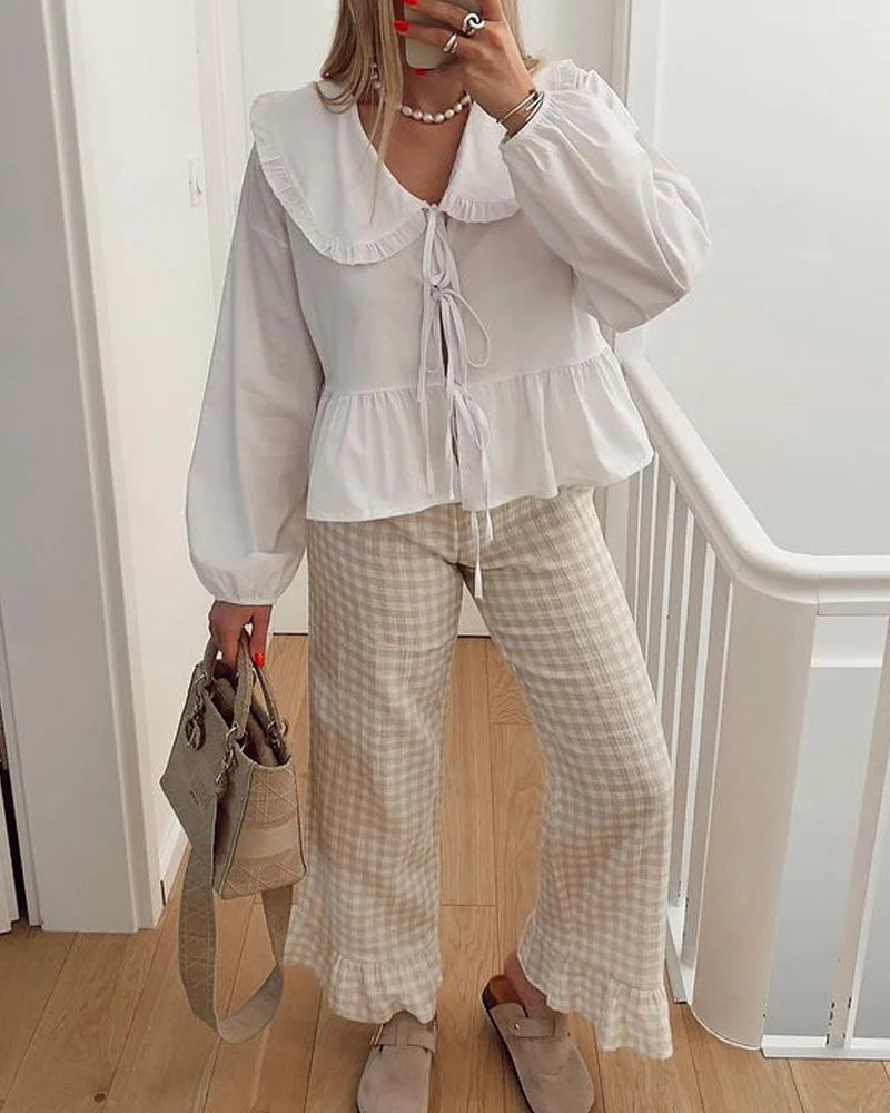 Solid Color Lace-Up Long Sleeve Cardigan Shirt - Fashionpara