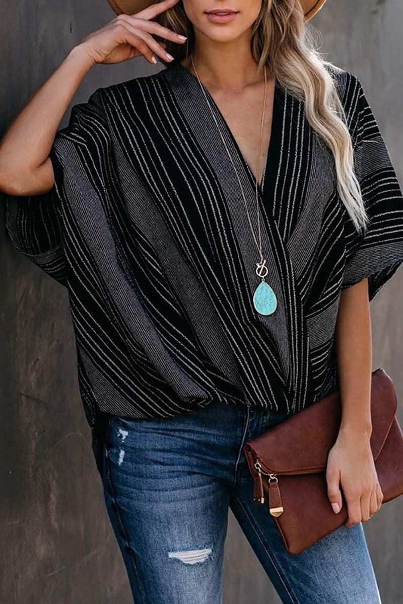 Florcoo Striped Bat Sleeve Casual Tops - Fashionpara