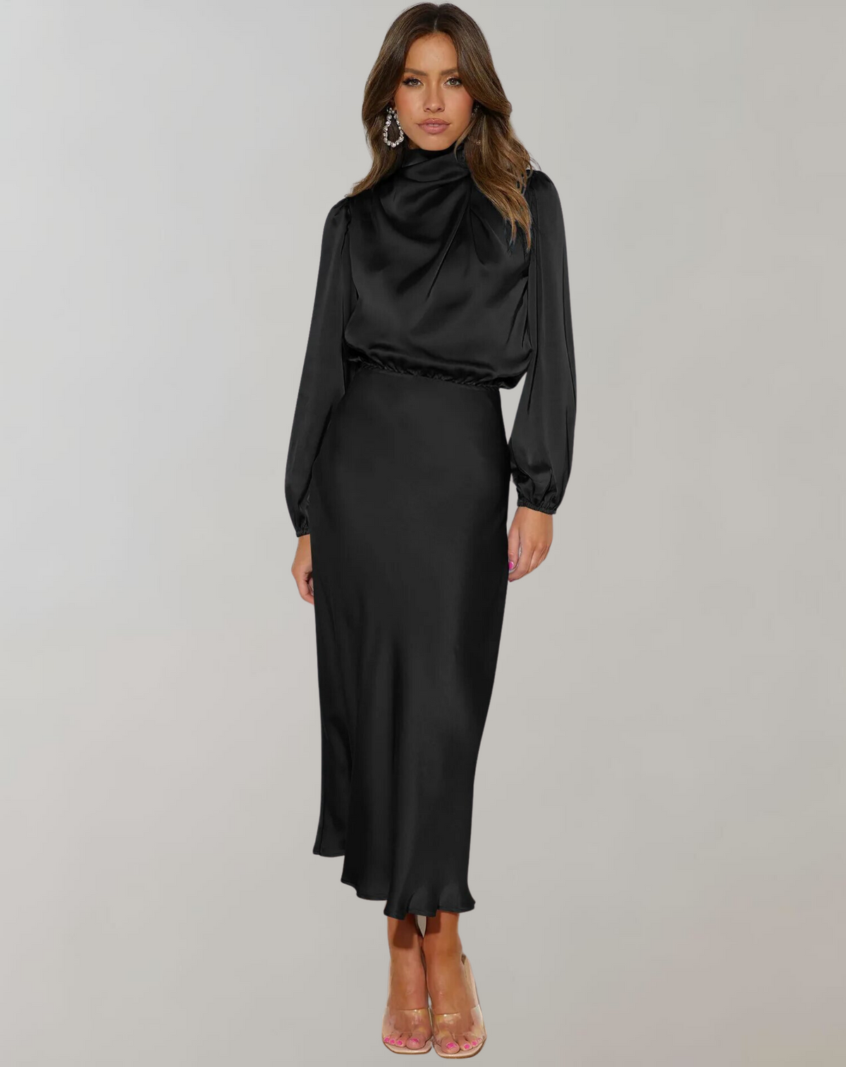 Satin Mock Neck Draped Bishop Sleeve Elastic Waist Midi Dress - View 6