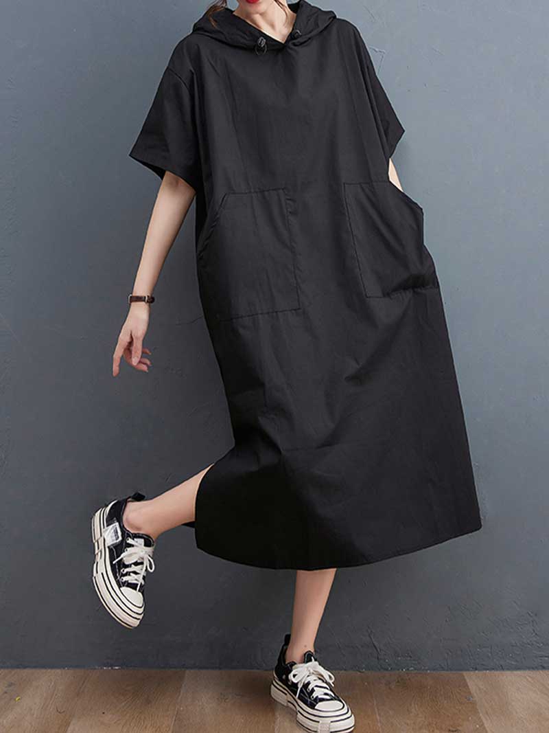 Hooded Short Sleeve Double Patch-Pocket A-line Midi Dress 7
