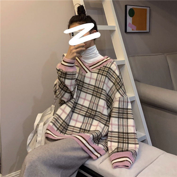 KittenAlarm - Classic V-Neck Plaid Knitted Loose Sweater