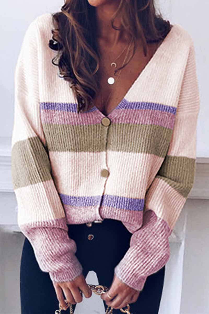 Florcoo Color-Block V Neck Long Sleeve Sweater for Women