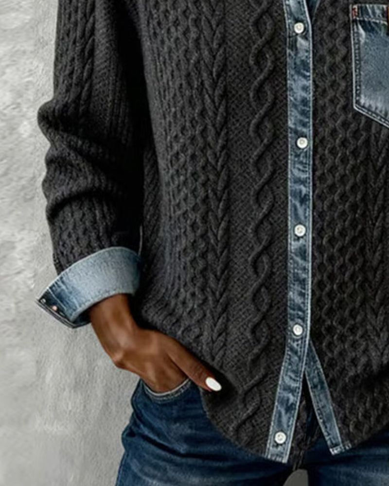 Collared Button Front Cable Knit Denim Contrast Shirt 10