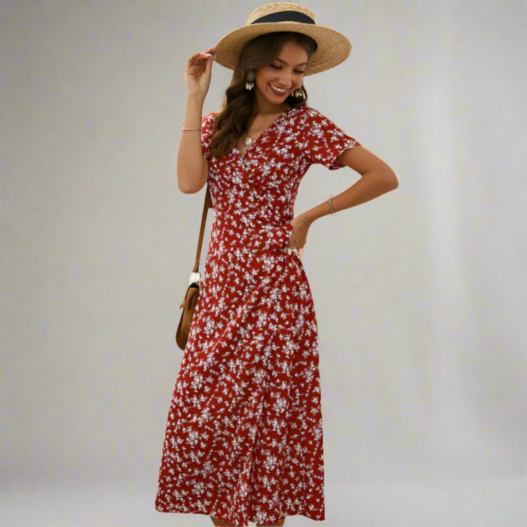 Floral V-Neck Short Sleeve Wrap Midi Dress