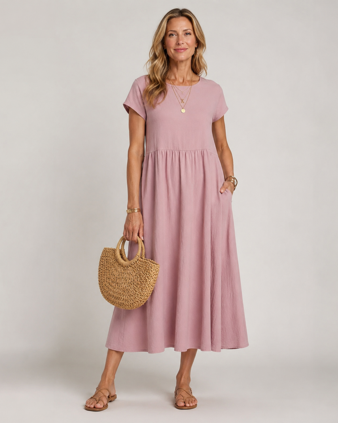 Round Neck Cap Sleeve Babydoll Midi Dress 5