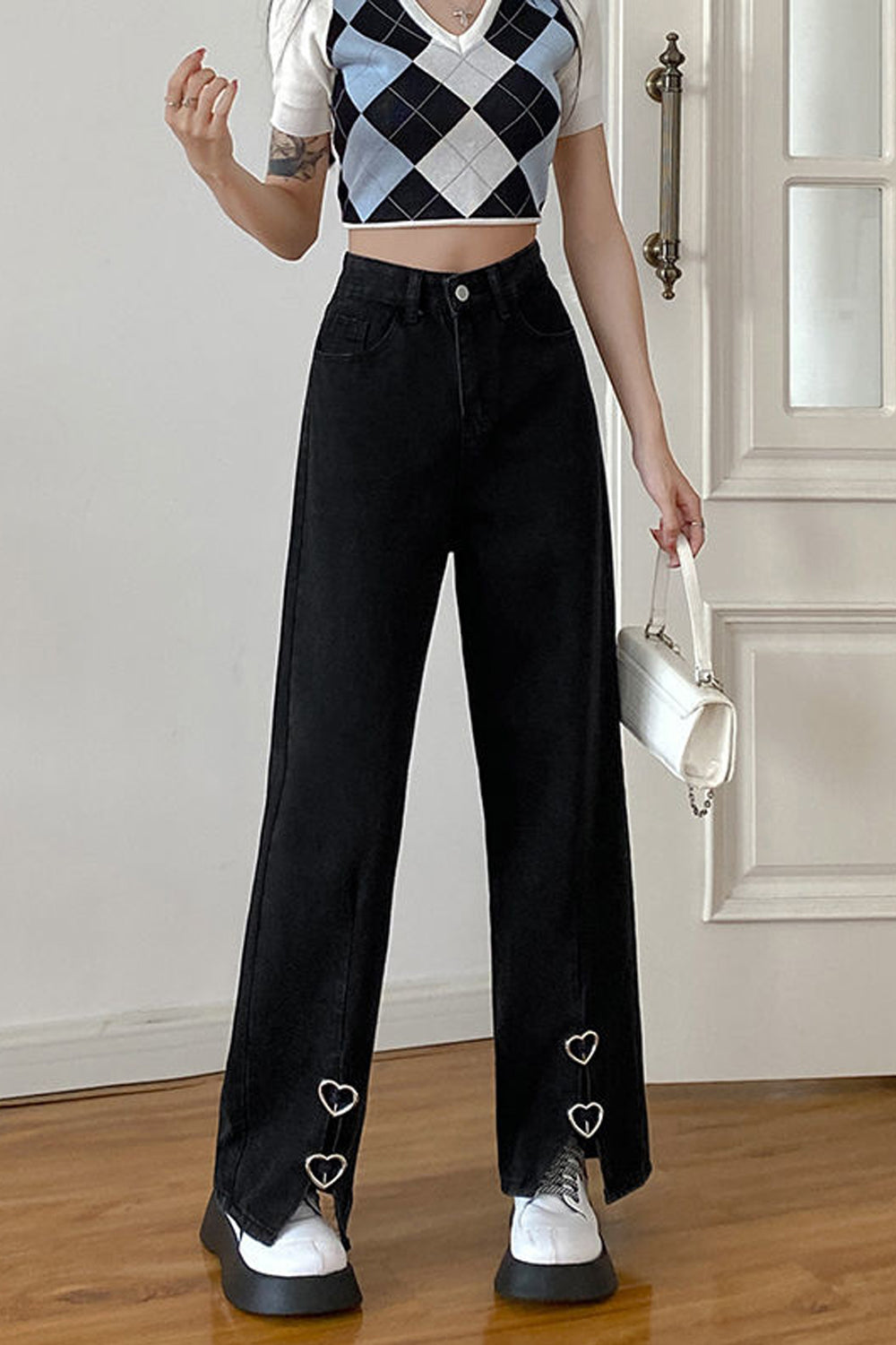 KittenAlarm - High Waist Front Side Split Heart Shape Jeans Pants