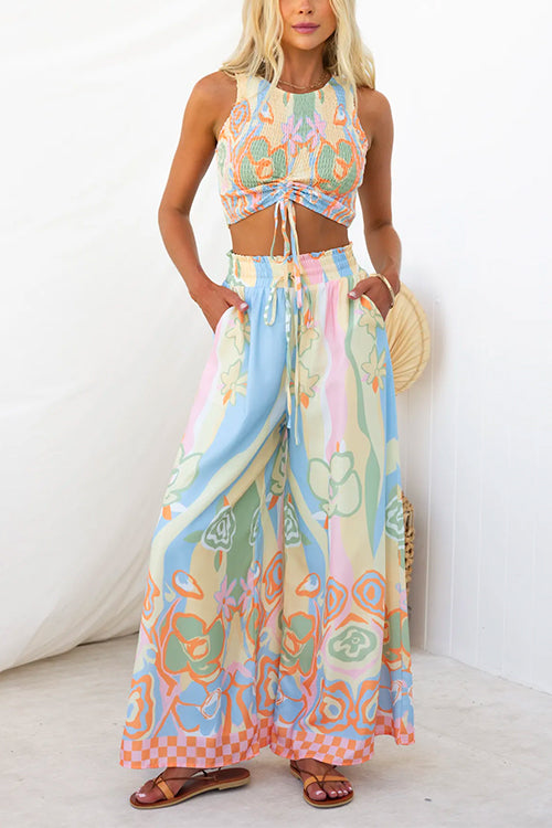 Drawstring Elastic Waist Printed Wide Leg Palazzo Pants - Fashionpara