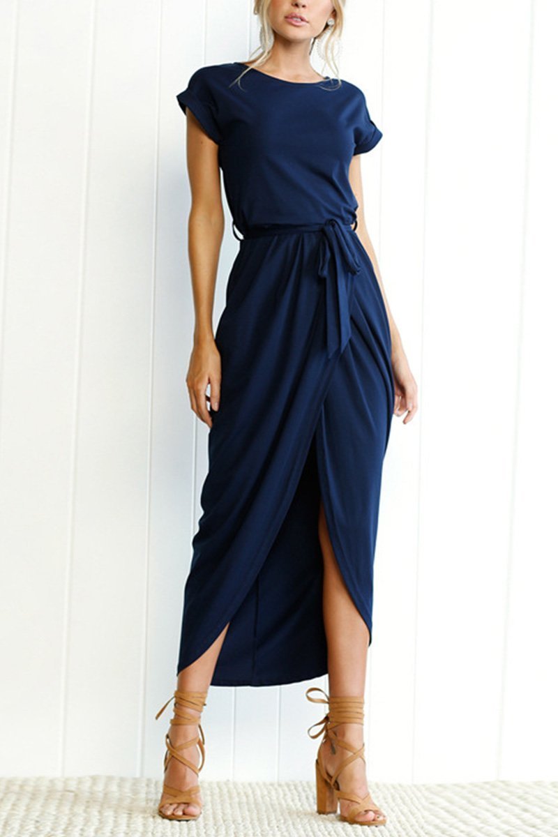 Short Sleeve Tie Waist Wrap Tulip Hem Midi Dress - View 17