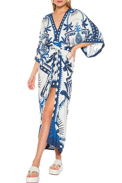 V Neck Kimono Sleeves Tie Waist Printed Wrap Dress - Fashionpara