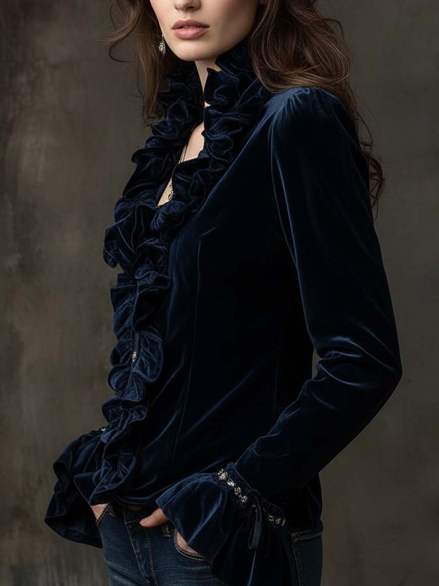 Midnight Blue Ruffled Velvet Shirt With Crystal Buttons - Fashionpara