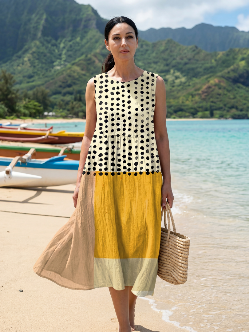 Polka Dot Colorblock Sleeveless Tiered Midi Dress