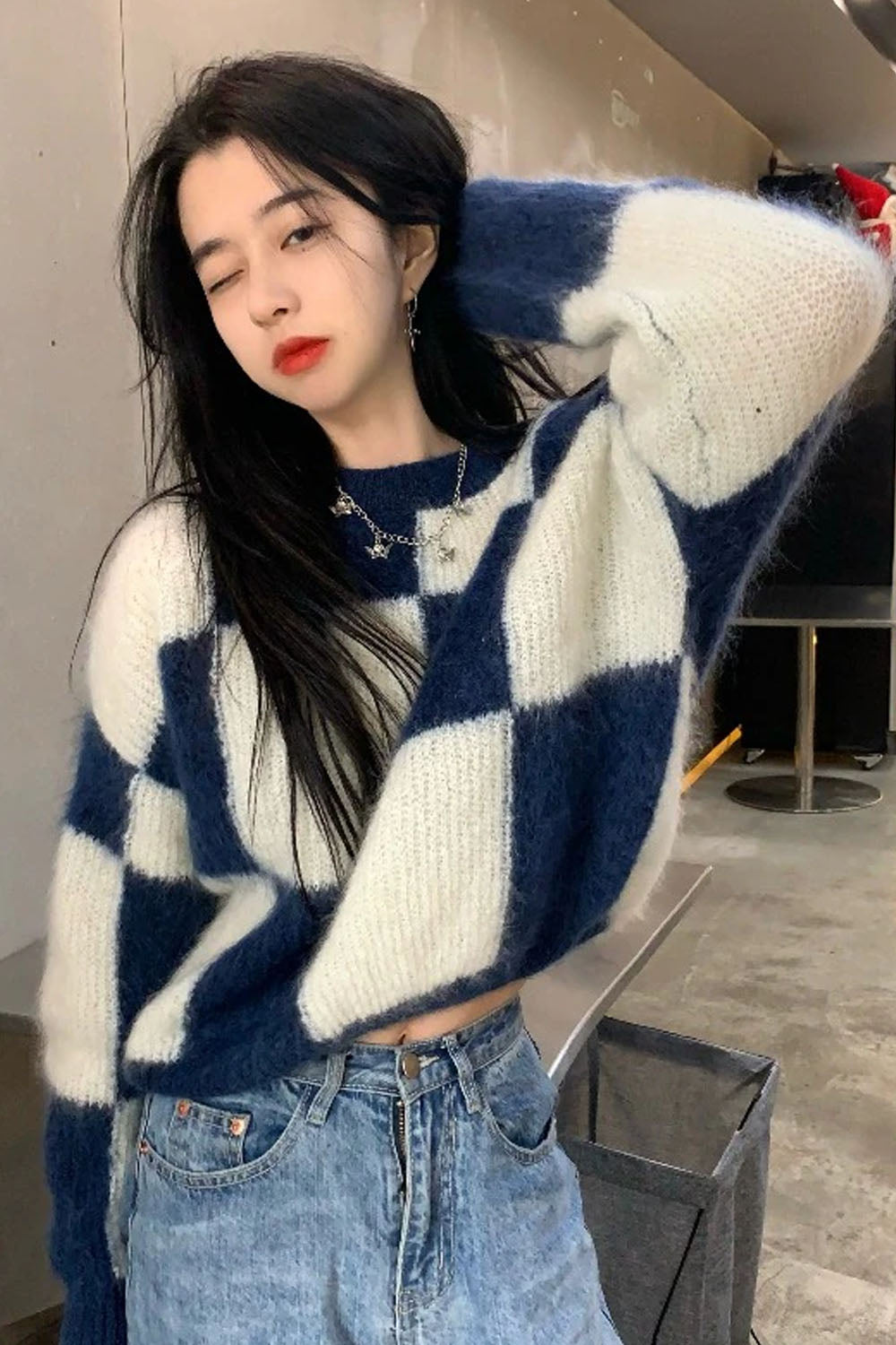 KittenAlarm - Blue Plaid O-Neck Knitted Sweater