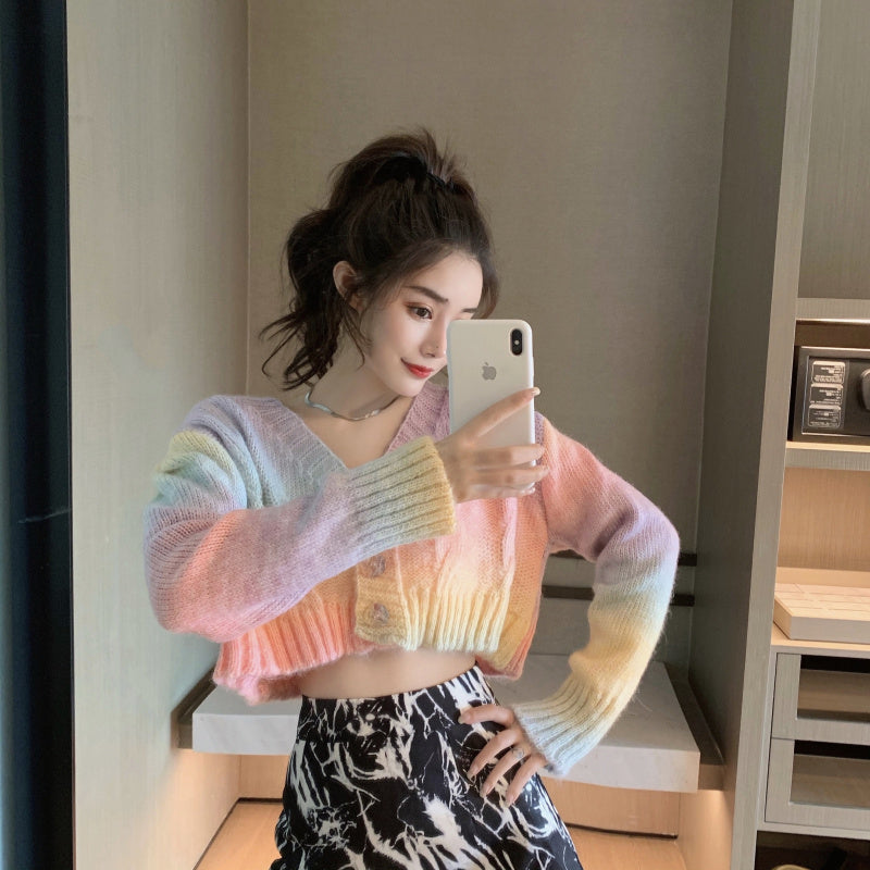 KittenAlarm - Cropped Rainbow Colors Knitted Cardigan Sweater