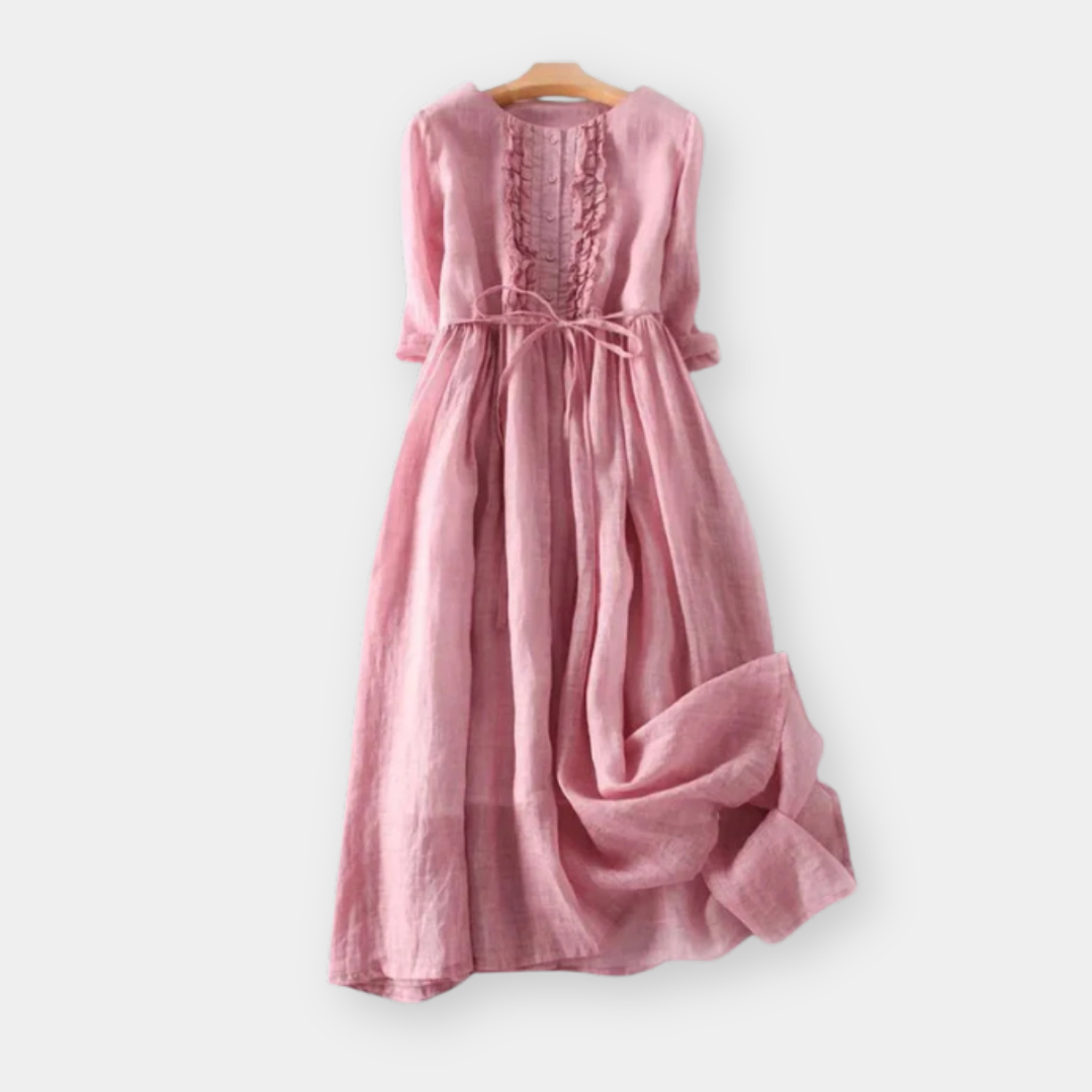Pintuck Front Half Sleeve Tie Waist Linen Midi Dress 3