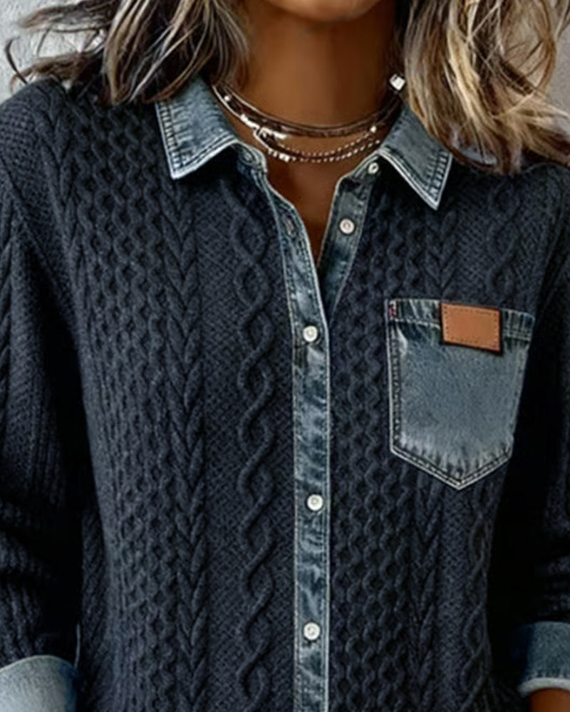 Collared Button Front Cable Knit Denim Contrast Shirt 4