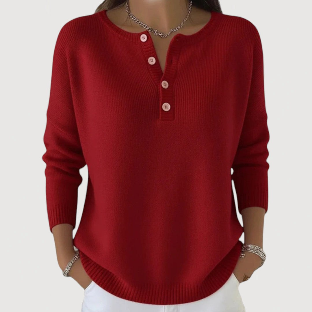 Henley Neck Button Placket Long Sleeve Knit Sweater