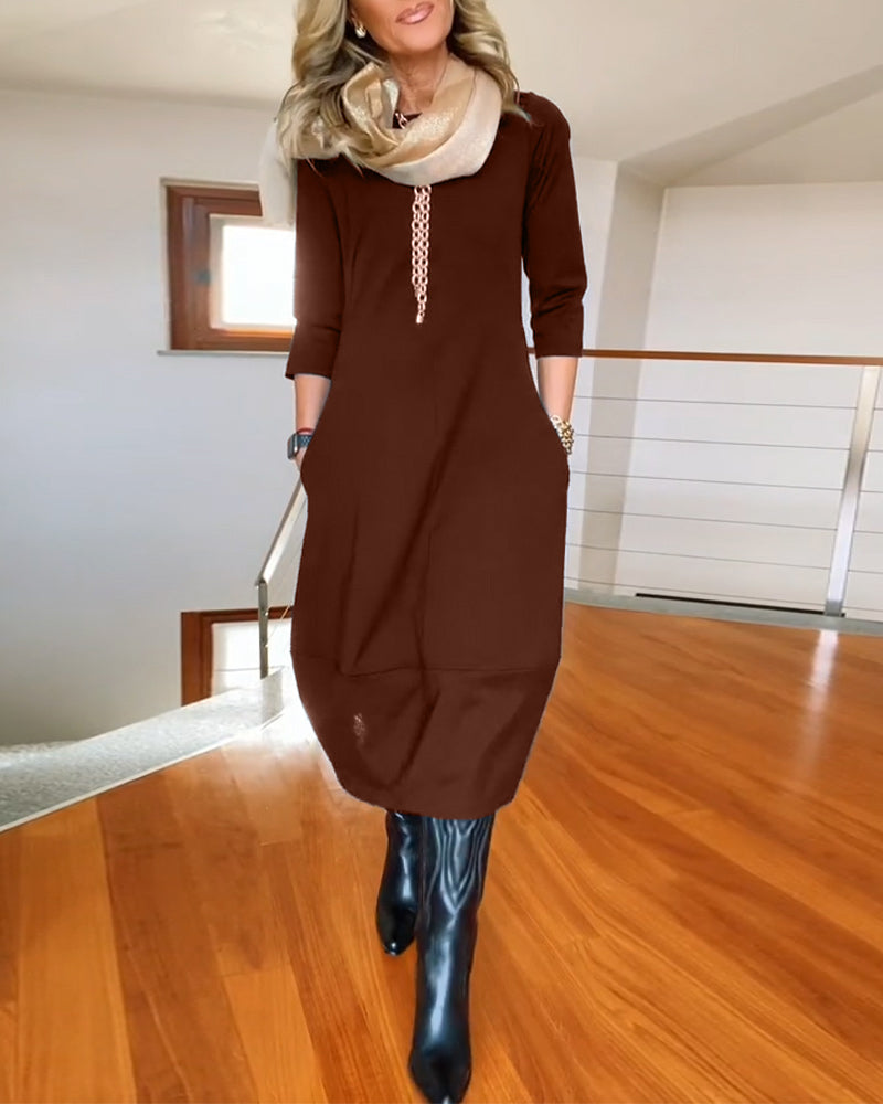 Round Neck Quarter Sleeve Zip Front Sheer Hem Midi Dress 7