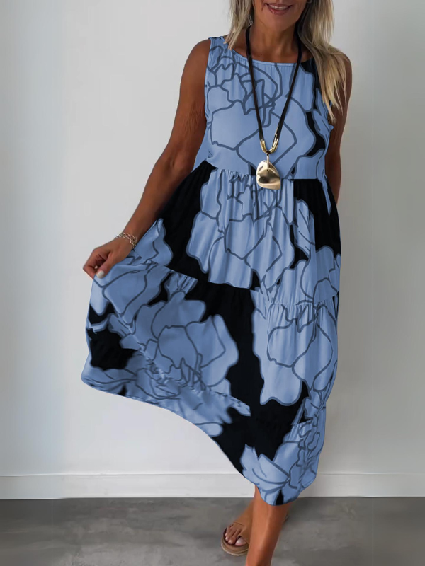 Floral Print Sleeveless Round Neck Tiered Relaxed Midi Dress - View 6