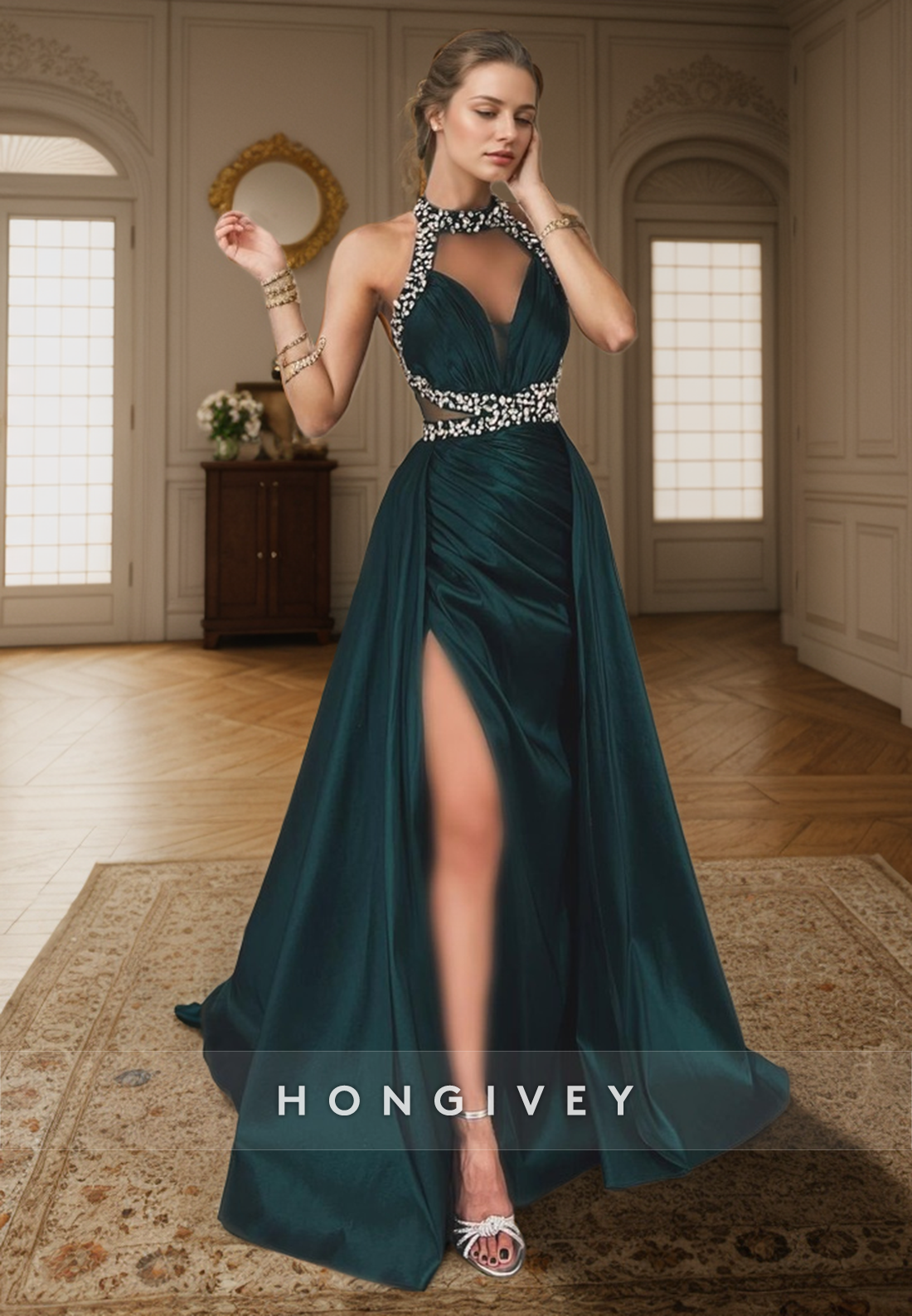 L2964 - Satin High Neck Sleeveless With Train Beaded Party Prom Evening Dress - Fashionpara