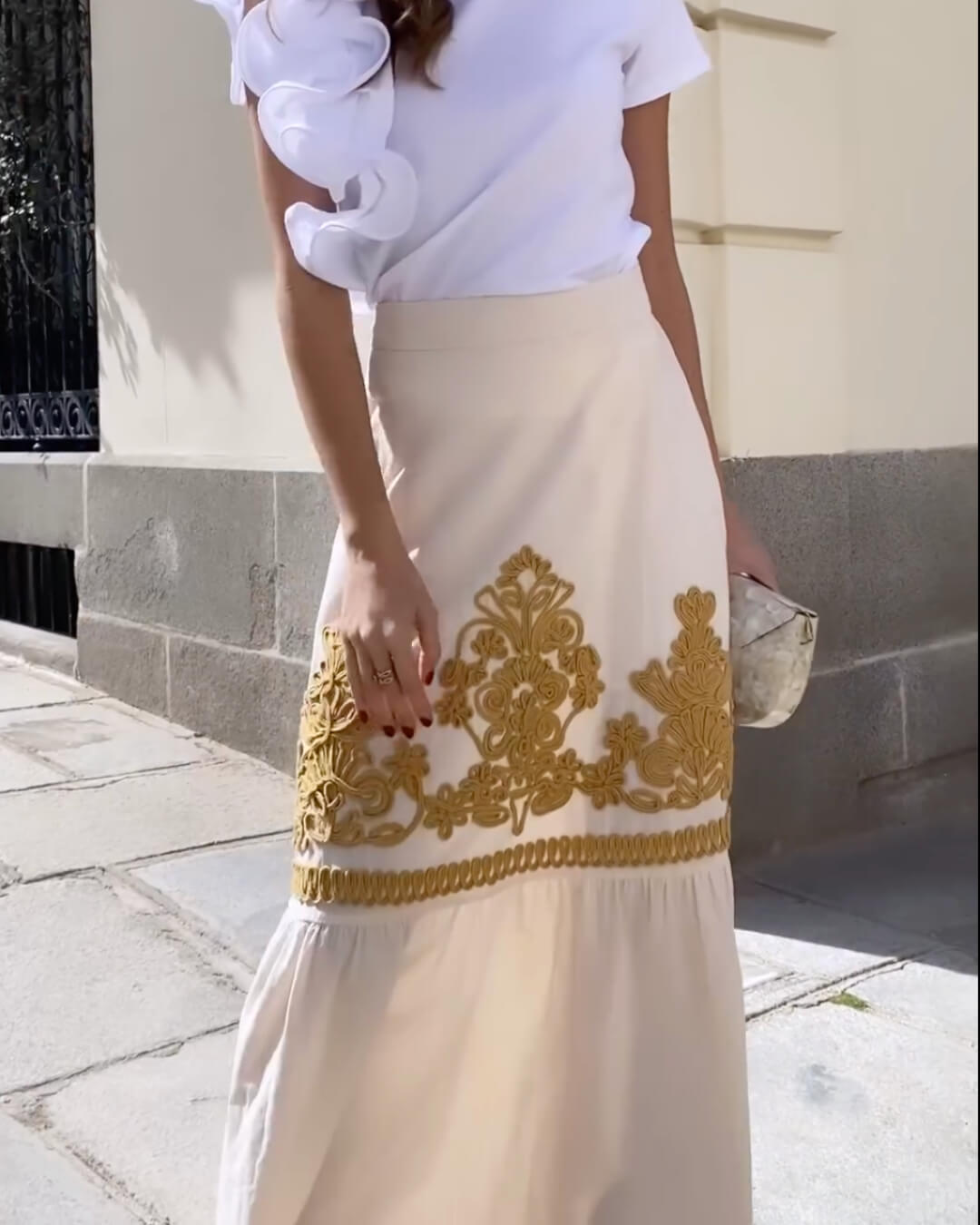 Linen Blend Ethnic Print Patchwork Embroidered Skirt - Fashionpara