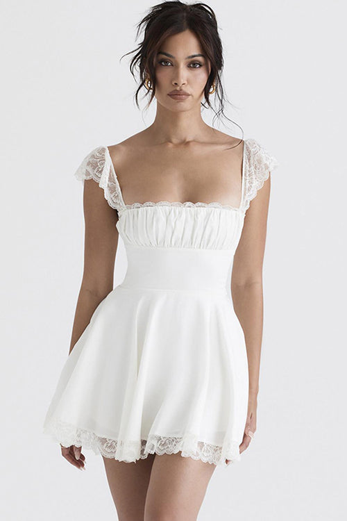 Square Neck Lace Trim Cap Sleeve Flared Mini Dress 6