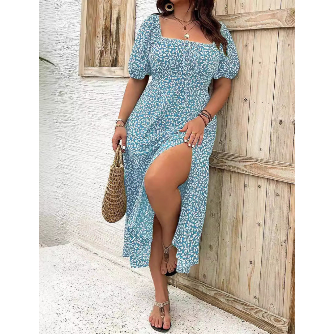 Floral Square Neck Puff Sleeve High Split Maxi Dress
