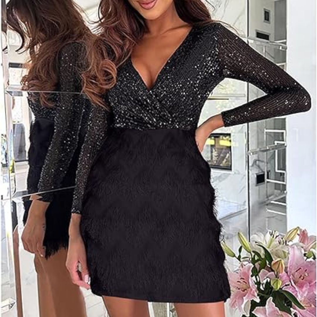 Sequin Deep V-Neck Wrap Long Sleeve Textured Skirt Mini Dress - View 21