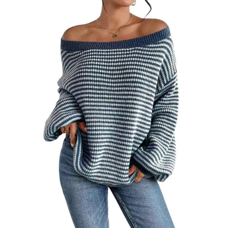 Off Shoulder Striped Drop Shoulder Oversized Sweater