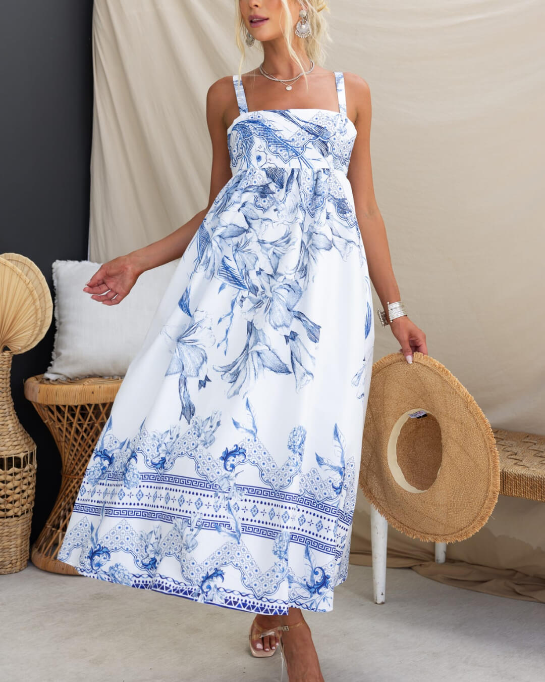 Blue Boho Tropical Maxi Dress - Fashionpara