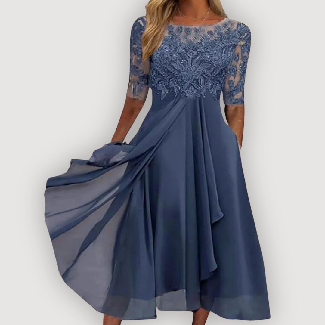Lace Bodice Round Neck Half Sleeve Chiffon Midi Dress