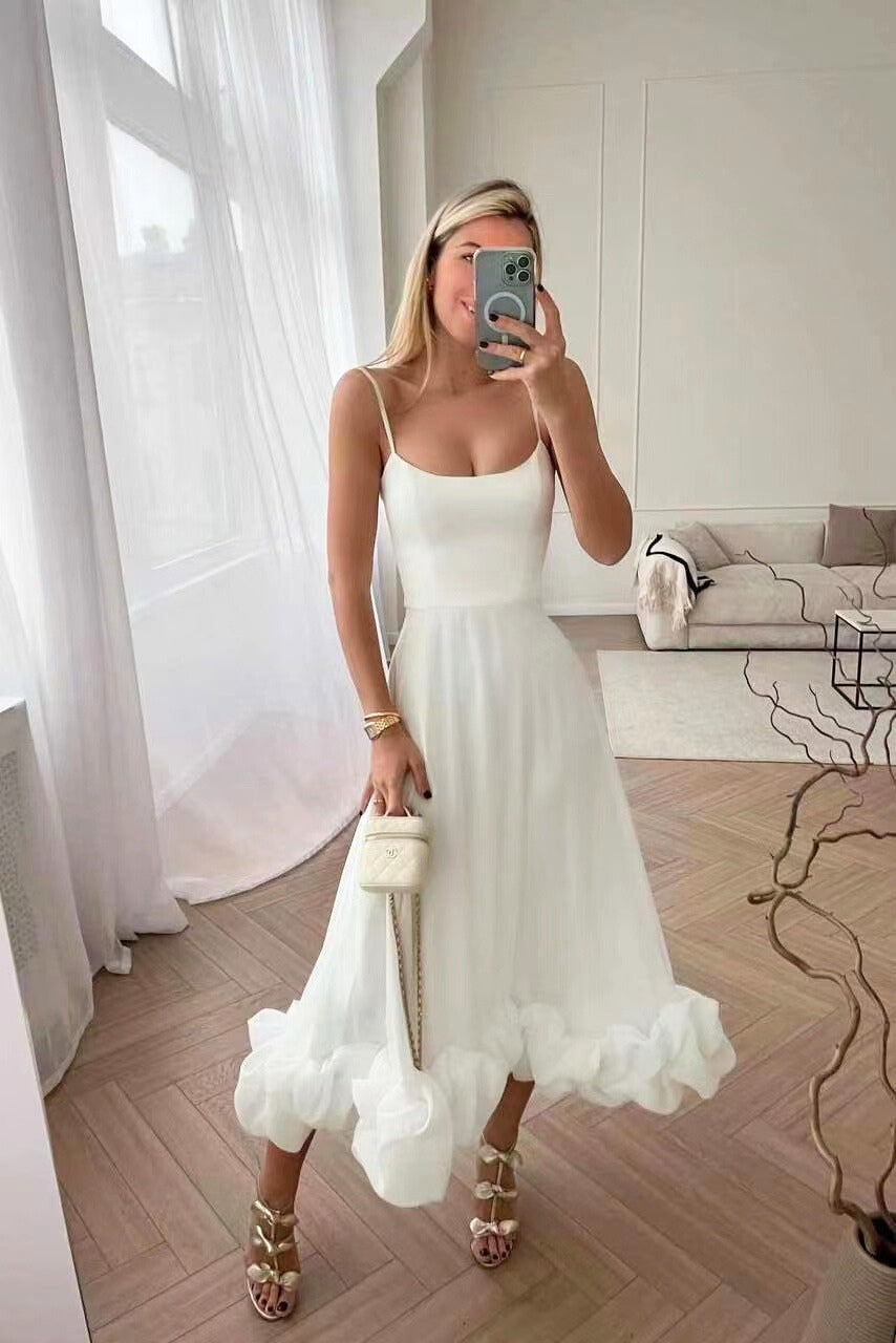 Scoop Neck Spaghetti Strap Ruffle Hem Satin Midi Dress