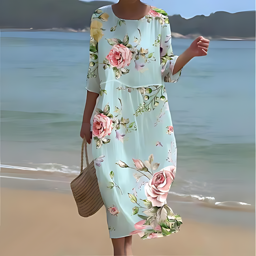 Floral Round Neck Half Sleeve Shift Summer Midi Dress - View 7