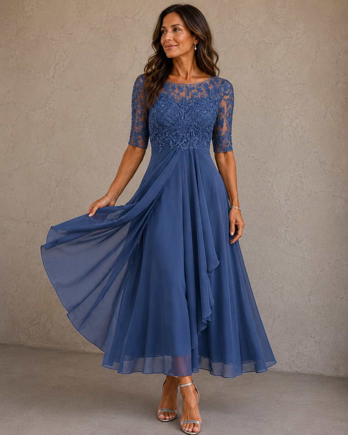 Lace Bodice Round Neck Short Sleeve Chiffon Midi Dress