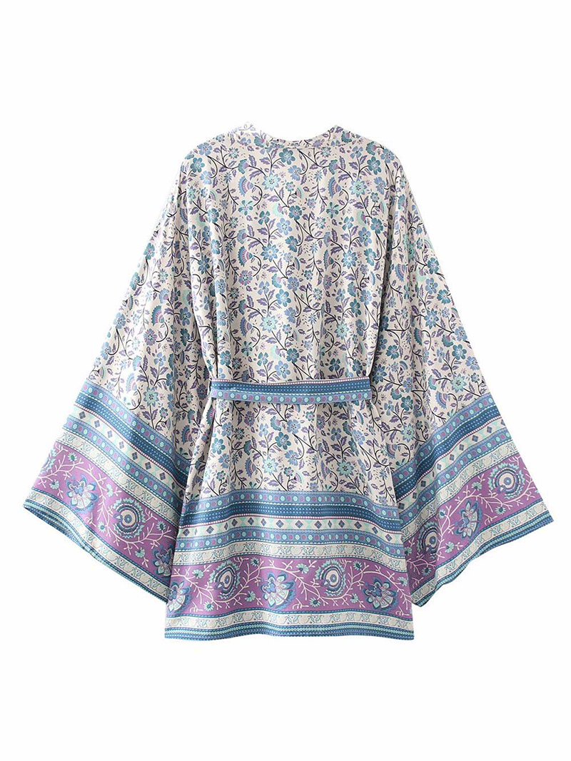 Short Kimono With Floral Print Light-Blue Cotton Short Length Gown Kimono Duster Robe 2