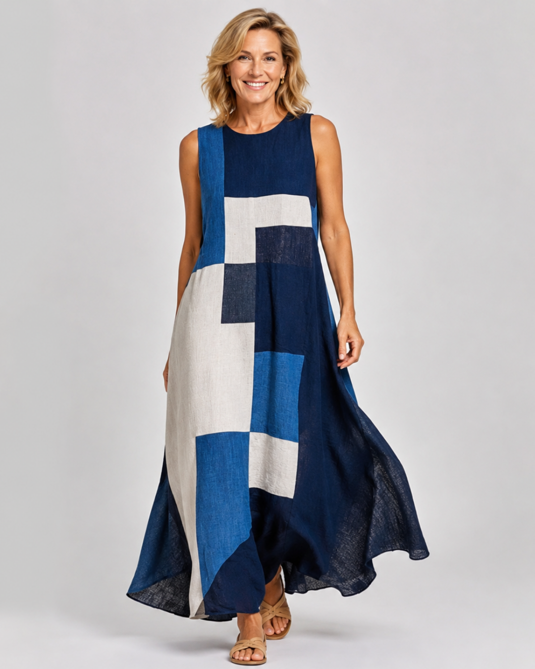 Sleeveless Geometric Color Block A-Line Maxi Dress 3
